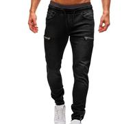 Mens Jeans with Zip Pockets Elasticated Waist Denim Trousers High Stretch Slim Fit Jean Pants Drawstring Skinny Bottoms Smart Casual Trouser for Men Y2k Streetwear M-4XL