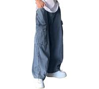 Mens Jeans Y2K Loose Fit Sweatpants Hip Hop Wide Leg Joggers Vintage Washed Straight Leg Teen Boys Skateboarding Pants High Street Trendy Clothing (Blue,S)