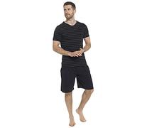Mens Jersey Striped T-Shirt and Shorts Pyjamas Set (Large, Black & Grey)