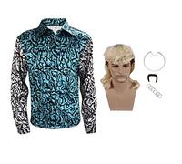 Mens Joe Shiny Sequins Shirt Button Down Dress Costume Shirt, Blue Shirt With Accessories, Large