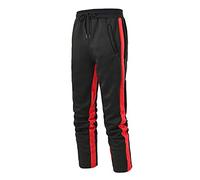 Mens Joggers Slim Fit Sweatpants with Side Stripe, White Jogging Bottoms with Red Stripe, Drawstring Waist Elastic Cuff Track Pants with Pockets, Lightweight Soft Fabric Comfortable Fit