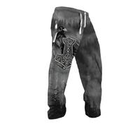 Men's Jogging Bottoms with Viking Motif, Casual Trousers with Thor's Hammer and Raven Graphic Print, Nordic Mythology Clothing for Men, Style C01 Gray, M