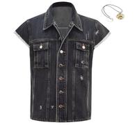 Mens John Marston Costume Denim Vest Halloween Cosplay Outfit Cowboy Dark Grey Jean Vest Sleeveless Jacket, Dark Grey, M
