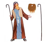 Mens Joseph Costume + Shepherd Staff + Brown Beard : Biblical Christmas Panto Fancy Dress (Adult - One Size (Up to Large))