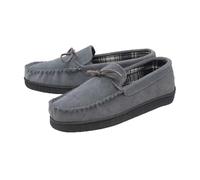 DUNLOP - Mens Real Suede Leather Faux Sheepskin Fur Plush Fleece Lined Moccasin Slippers - Memory Foam - Rubber Sole - House Bedroom Indoor (12 UK, Grey)