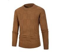 Mens Jumper Solid Color Checked Round Neck Long Sleeve Mens Knitwear Stretch Comfortable Casual Mens Pullover Sweater Slim Fit Urban Basic Mens Sweater A-Camel M