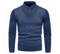Mens Jumper with Mock Shirt Collar Slim Fit Work Pullover Elegant Long Sleeve Leisure Jumpers Lightweight 2 in 1 Office Winter Sweater Tops Striped Solid Color Business Casual Sweatshirt Blue