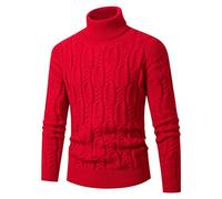 Mens Jumpers - Male Long Sleeved High Neck Thick Needle Knitted Pullover Solid Color Sweater Warm Knit Sweater (Red Xl)
