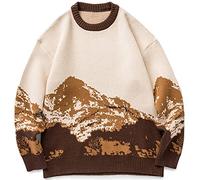 Men's Jumpers - Men Hip Hop Streetwear Harajuku Sweater Vintage Japanese Style Snow Mountain Knitted Sweater Winter Casual Pullover Knitwear,Brown,XXL