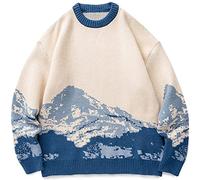 Men's Jumpers - Men Hip Hop Streetwear Harajuku Sweater Vintage Japanese Style Snow Mountain Knitted Sweater Winter Casual Pullover Knitwear,Blue,XL