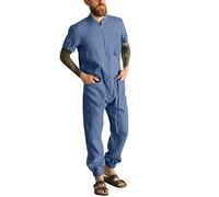 Mens Jumpsuit Light Weight, Mens Jumpsuit Crew Neck Lightweight Breathable Regular Fit Onesie Stylish Short Sleeve Tops With Cuffed Bottoms Comfortable Daily Onesie Comfy Homewear Ideal Weekend Wear