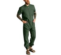Mens Jumpsuit Light Weight, Mens Jumpsuit Crew Neck Lightweight Breathable Regular Fit Onesie Stylish Short Sleeve Tops With Cuffed Bottoms Comfortable Daily Onesie Comfy Homewear Ideal Weekend Wear