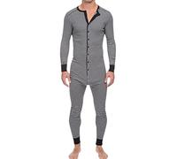 Men's Jumpsuit Romper Pyjamas One-Piece Full Body Suit Henley Jumpsuit Stretchy Thermal Underwear Pyjamas, gray, S