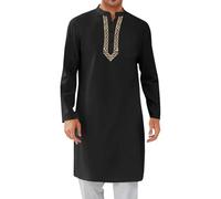 Mens Kaftan Button Down Men Kurta Thobe Long Sleeve Robe Cotton Linen Muslim Caftan Embroidere Shirts Indian Apparel Black M