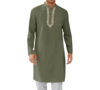 Mens Kaftan Button Down Men Kurta Thobe Long Sleeve Robe Cotton Linen Muslim Caftan Embroidere Shirts Indian Apparel Green M