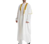 Men's Kaftan Muslim Embroidery Print Abaya Desert Robe Arabic Saudi Thobe Eid Coat Open Front Retro Tunics Loose Kandoura Arabic Islamic Sheikh Royalty Omani Dubai Clothing, White, L