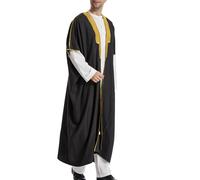 Men's Kaftan Muslim Embroidery Print Abaya Desert Robe Arabic Saudi Thobe Eid Coat Open Front Retro Tunics Loose Kandoura Arabic Islamic Sheikh Royalty Omani Dubai Clothing, black, L