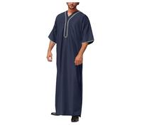 Men's Kaftan Short Summer Islam Muslim Print Robe Cotton Linen Colourful Arabic Islamic Clothing Indian Muslim Africa Dubai Kaftan for Men Plus Size Abaya Tunic, O Navy, M