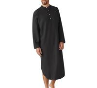 Mens Kaftan Thobe, Long Sleeve Button Down Henley Shirts Robe, Cotton Linen Casual Muslim Gown Shirt, Side Split Traditional Muslim Gown Kurta, Ethnic Clothes Cuff Sleeve Daily Wear Islamic Clothing