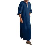 Men's Kaftan Thobe Long Sleeve Muslim Robe V Neck Solid Color Robe Side Split Kaftan Thobe with Pockets Cotton Linen Islamic Eid Prayer Dress