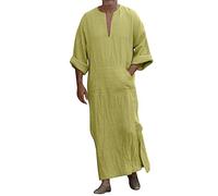 Men's Kaftan Thobe - Short Sleeve V-Neck, Linen Fabric, Loose Casual Fit, Big and Tall Sizing, Suitable as Robe or Sleeping Gown
