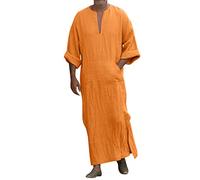 Men's Kaftan Thobe - Short Sleeve V-Neck, Linen Fabric, Loose Casual Fit, Big and Tall Sizing, Suitable as Robe or Sleeping Gown
