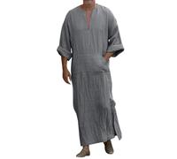 Men's Kaftan Thobe - Short Sleeve V-Neck, Linen Fabric, Loose Casual Fit, Big and Tall Sizing, Suitable as Robe or Sleeping Gown