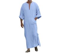 Men's Kaftan Thobe - Short Sleeve V-Neck, Linen Fabric, Loose Casual Fit, Big and Tall Sizing, Suitable as Robe or Sleeping Gown