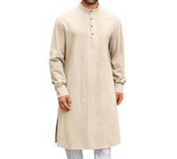 Men's Kaftan Thobe Traditional Arabic Long Sleeve Button Front Shirt Islamic Muslim Robe Casual Linen Loose Fit Ethnic Eid Ramadan Thobe Jubba Dress for Prayer Formal & Everyday Use Khaki