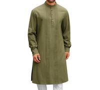 Men's Kaftan Thobe Traditional Arabic Long Sleeve Button Front Shirt Islamic Muslim Robe Casual Linen Loose Fit Ethnic Eid Ramadan Thobe Jubba Dress for Prayer Formal & Everyday Use Green