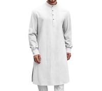 Men's Kaftan Thobe Traditional Arabic Long Sleeve Button Front Shirt Islamic Muslim Robe Casual Linen Loose Fit Ethnic Eid Ramadan Thobe Jubba Dress for Prayer Formal & Everyday Use White