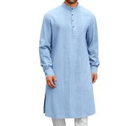 Men's Kaftan Thobe Traditional Arabic Long Sleeve Button Front Shirt Islamic Muslim Robe Casual Linen Loose Fit Ethnic Eid Ramadan Thobe Jubba Dress for Prayer Formal & Everyday Use