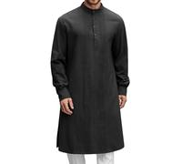 Men's Kaftan Thobe Traditional Arabic Long Sleeve Button Front Shirt Islamic Muslim Robe Casual Linen Loose Fit Ethnic Eid Ramadan Thobe Jubba Dress for Prayer Formal & Everyday Use Black
