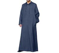 Men's Kaftan Thobe UK Clearance Muslim Dresses Long Sleeve Hoodie Pull-Over Cotton Linen Shirts Long Gown Ethnic Kaftan Robes Middle East Bath Robe Casual Loose Dressing Gown Housecoat Navy