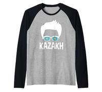 Mens Kazakh Boy Silhouette Proud Kazakhstan Flag Shades Raglan Baseball Tee