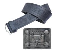 Men's Kilt Belt and Buckle Set - Scottish Celtic Diamond Embossed Leather Belt with Stag Head Pewter Buckle - Ideal for Highland Dress, Men's Kilt Accessory (Silver Antique, Small, 26-30 Inch)