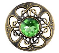 Mens Kilt Fly Plaid Brooch - Culloden Pin Brooches - Elegant Pewter Brass Antique Finish - Celtic Kilt Pin Various Gemstone Colors, 3-Inch Diameter (Irish Green - Brass Antique)