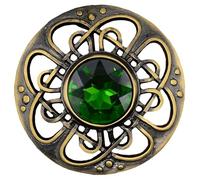 Mens Kilt Fly Plaid Brooch - Culloden Pin Brooches - Elegant Pewter Brass Antique Finish - Celtic Kilt Pin Various Gemstone Colors, 3-Inch Diameter (Green - Brass Antique)