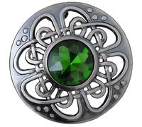 Mens Kilt Fly Plaid Brooch - Culloden Pin Brooches - Elegant Pewter Brass Antique Finish - Celtic Kilt Pin Various Gemstone Colors, 3-Inch Diameter (Green - Silver Antique)