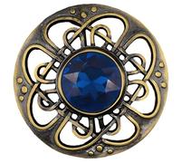 Mens Kilt Fly Plaid Brooch - Culloden Pin Brooches - Elegant Pewter Brass Antique Finish - Celtic Kilt Pin Various Gemstone Colors, 3-Inch Diameter (Blue - Brass Antique)