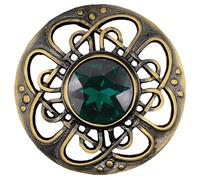 Mens Kilt Fly Plaid Brooch - Culloden Pin Brooches - Elegant Pewter Brass Antique Finish - Celtic Kilt Pin Various Gemstone Colors, 3-Inch Diameter (Bottle Green - Brass Antique)