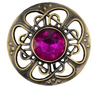 Mens Kilt Fly Plaid Brooch - Culloden Pin Brooches - Elegant Pewter Brass Antique Finish - Celtic Kilt Pin Various Gemstone Colors, 3-Inch Diameter (Fuchsia - Brass Antique)