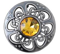 Mens Kilt Fly Plaid Brooch - Culloden Pin Brooches - Elegant Pewter Brass Antique Finish - Celtic Kilt Pin Various Gemstone Colors, 3-Inch Diameter (Yellow - Silver Antique)