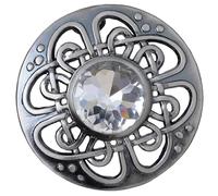 Mens Kilt Fly Plaid Brooch - Culloden Pin Brooches - Elegant Pewter Brass Antique Finish - Celtic Kilt Pin Various Gemstone Colors, 3-Inch Diameter (White - Silver Antique)