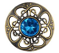 Mens Kilt Fly Plaid Brooch - Culloden Pin Brooches - Elegant Pewter Brass Antique Finish - Celtic Kilt Pin Various Gemstone Colors, 3-Inch Diameter (Sky Blue - Brass Antique)