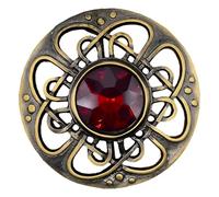 Mens Kilt Fly Plaid Brooch - Culloden Pin Brooches - Elegant Pewter Brass Antique Finish - Celtic Kilt Pin Various Gemstone Colors, 3-Inch Diameter (Red - Brass Antique)
