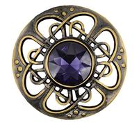 Mens Kilt Fly Plaid Brooch - Culloden Pin Brooches - Elegant Pewter Brass Antique Finish - Celtic Kilt Pin Various Gemstone Colors, 3-Inch Diameter (Purple - Brass Antique)