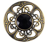 Mens Kilt Fly Plaid Brooch - Culloden Pin Brooches - Elegant Pewter Brass Antique Finish - Celtic Kilt Pin Various Gemstone Colors, 3-Inch Diameter (Black - Brass Antique)