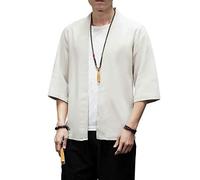 Mens Kimono Cardigan Cotton Linen Japanese Kimono Jacket 3/4 Sleeve Haori, 02 Beige, M