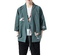 Mens Kimono Cardigan Cotton Linen Japanese Kimono Jacket 3/4 Sleeve Haori, 12 Green, L